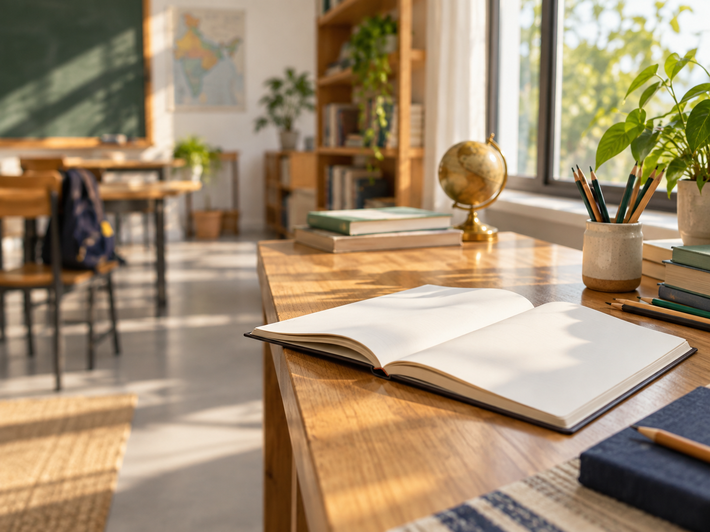 A modern learning space with books and notebooks